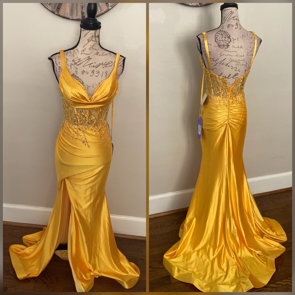 NWT Yellow corset formal dress prom dress with slit